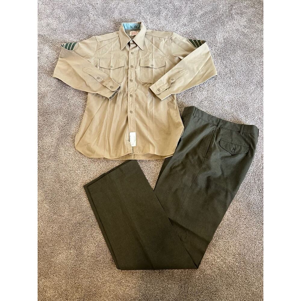 Vintage USMC Service Uniform Set Tan Long Sleeve Shirt Green Trousers
